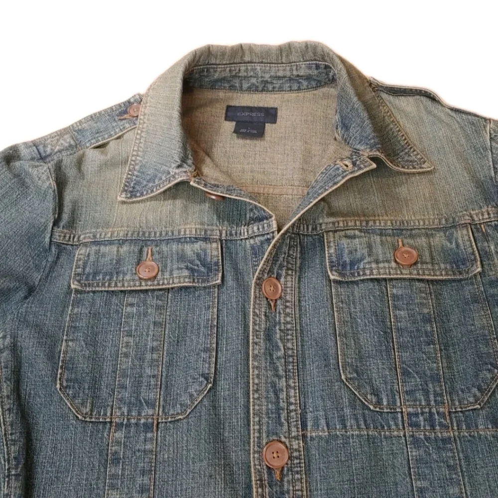 Express Military Jean Jacket Woman Large Blue Denim Button Elbow Patches Utility - Picture 5 of 12